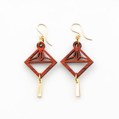 Kaori Earrings - African Padauk and Gold Triangle Drops