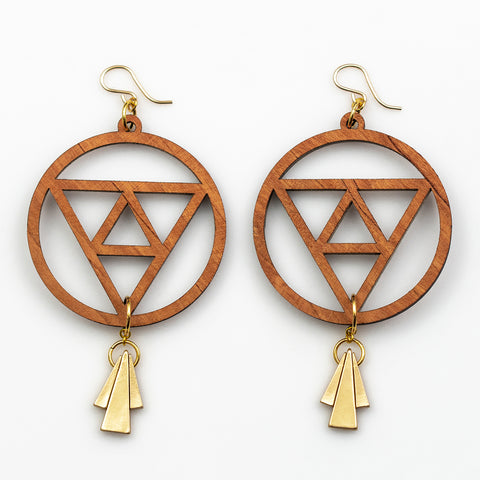 Ishani Earrings - Cherry Hardwood and Gold Triangle Drops